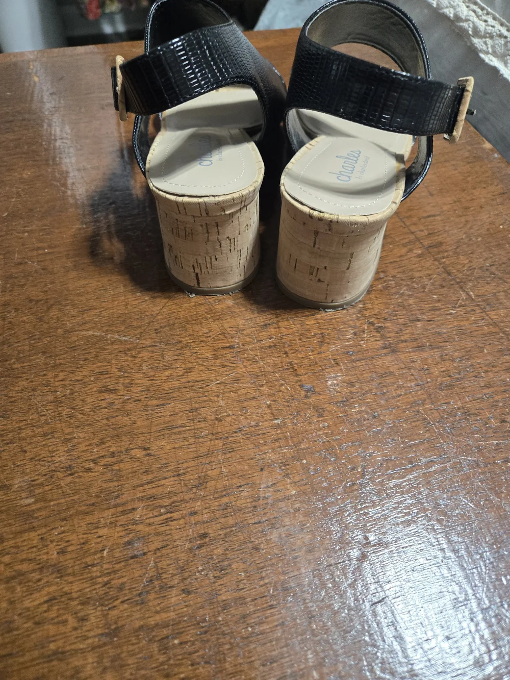 Charles David Black Slingback Cork Wedge Sandals